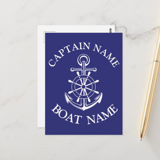 Custom boat captain name navy Postcard Postkarte (Vorderseite/Rückseite Beispiel)