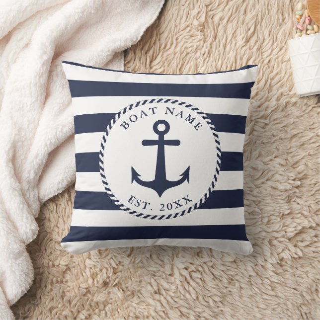 Custom Boat Name Navy Blue White Anchor Nautic Kissen (Decke)