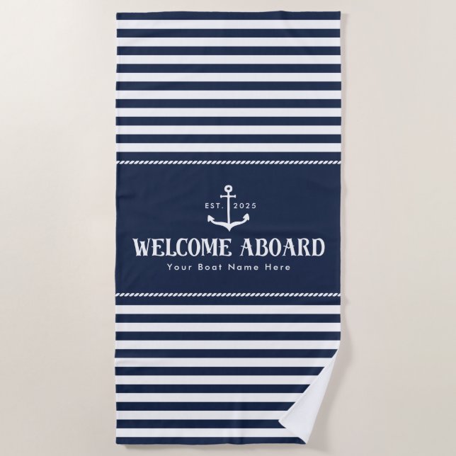 Custom Boat Name Striped Blue White Welcome Aboard Strandtuch (Vorderseite)