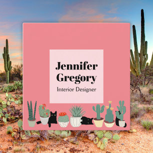 Custom Boho Black Cats und Cactus Fun Simple Pink Quadratische Visitenkarte