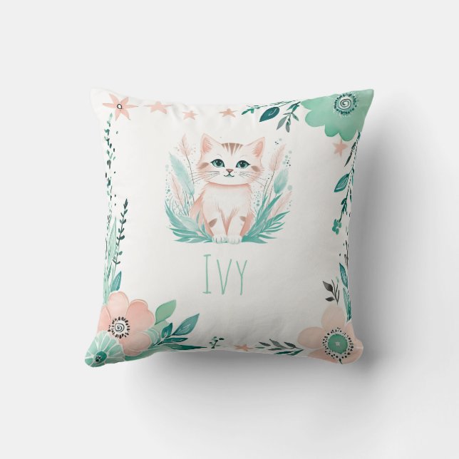 Custom Boho Niedlich Kitten Kissen Pastell Green (Rückseite)