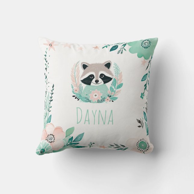 Custom Boho Niedlich Raccoon Kissen Pastell Green (Rückseite)