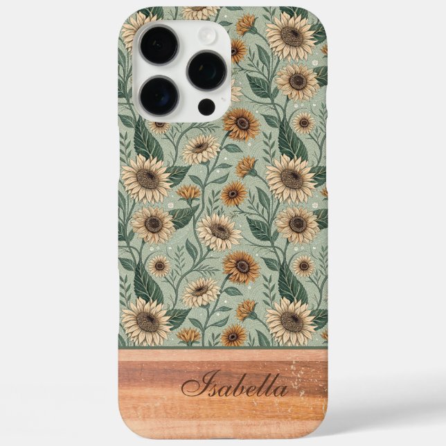 Custom Boho Sunflowers Wood Effect iPhone 16 Pro Max Hülle (Rückseite)