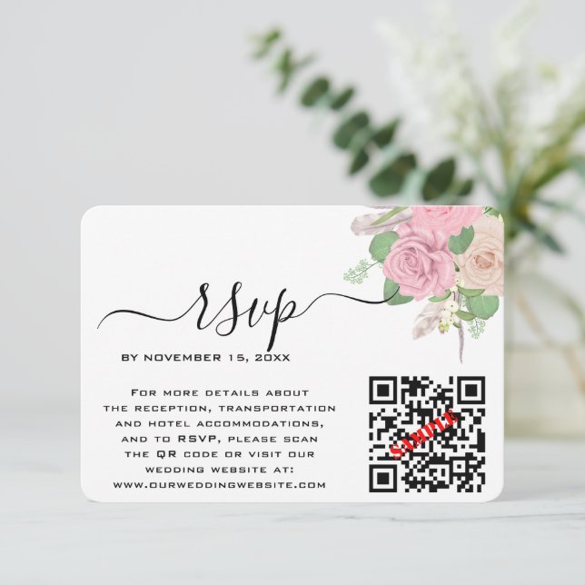 Custom Boho Wedding QR Code UAWG RSVP Karte (Stehend Vorderseite)