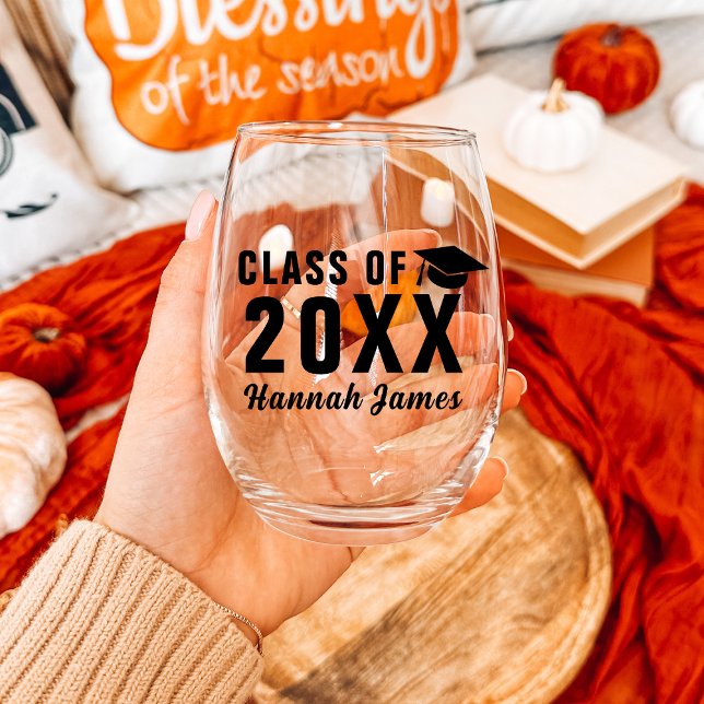 Custom Bold Black Class of 2025 Graduation Party Weinglas Ohne Stiel (Custom Bold Black Class Of 2025 Graduation Party Stemless Wine Glass
)