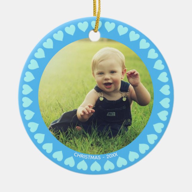 Custom Boy Foto & Hearts on Light Blue Christmas Keramik Ornament (Vorne)
