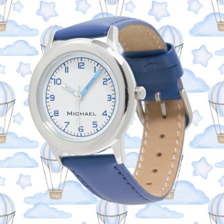 Custom Boy Name Steel Blue Leather Strap Kids Armbanduhr