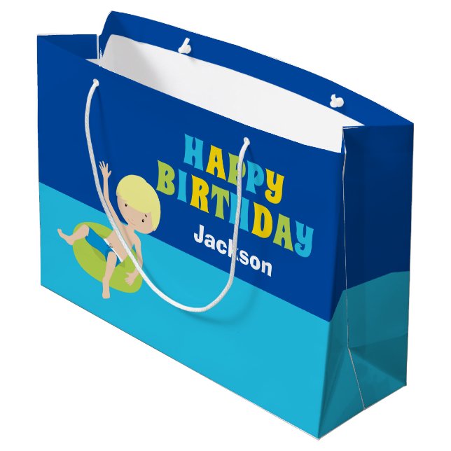 Custom Boys Summer Pool Party Kindergeburtstag Große Geschenktüte (Rückseite Schrägansicht)