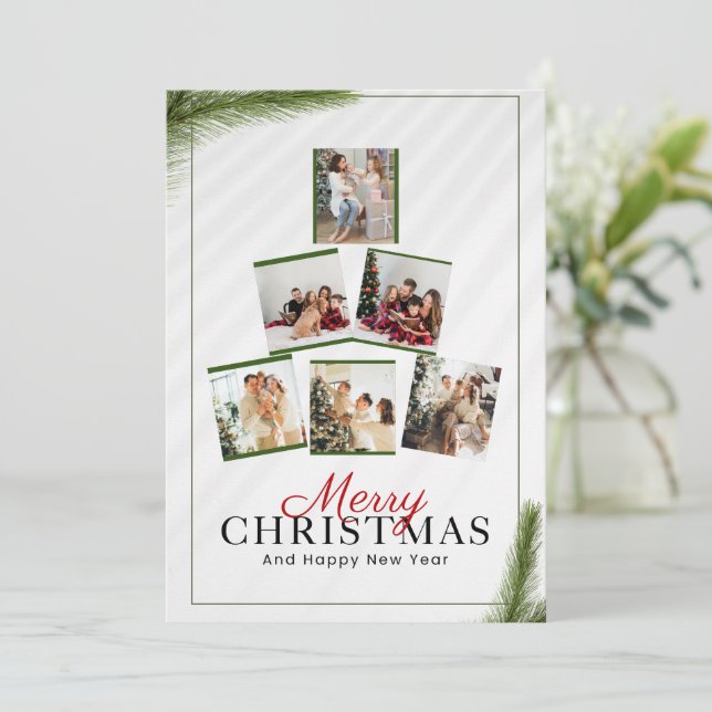 Custom BrandedWhite Modern Christmas Foto Collage Einladung (Stehend Vorderseite)