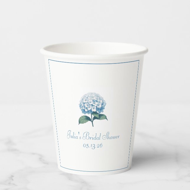 Custom Brautparty Chic Elegant Blue Hydrangea Pappbecher (Vorderseite)