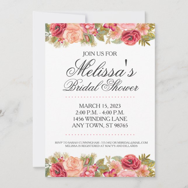 Custom Brautparty Einladung, Rosa und Gold Rose Einladung (Vorderseite)