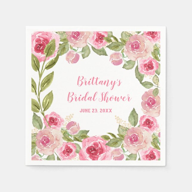 Custom Brautparty Wild Pink Roses Grüne Serviette (Vorderseite)