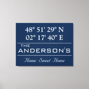 Custom Breitengrad Family Name Home Address Leinwanddruck