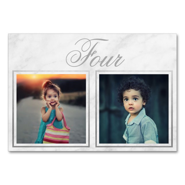 Custom Bride Groom Age Marmor Silver Tischnummer (Vorderseite)