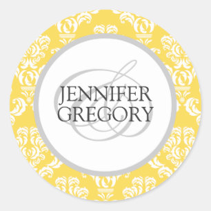 Custom Bride Groom Names Yellow Damask Wedding Runder Aufkleber