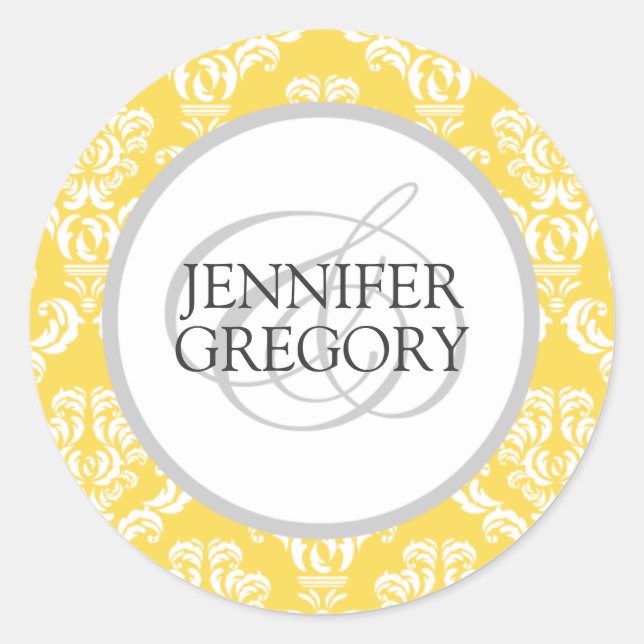 Custom Bride Groom Names Yellow Damask Wedding Runder Aufkleber (Vorderseite)