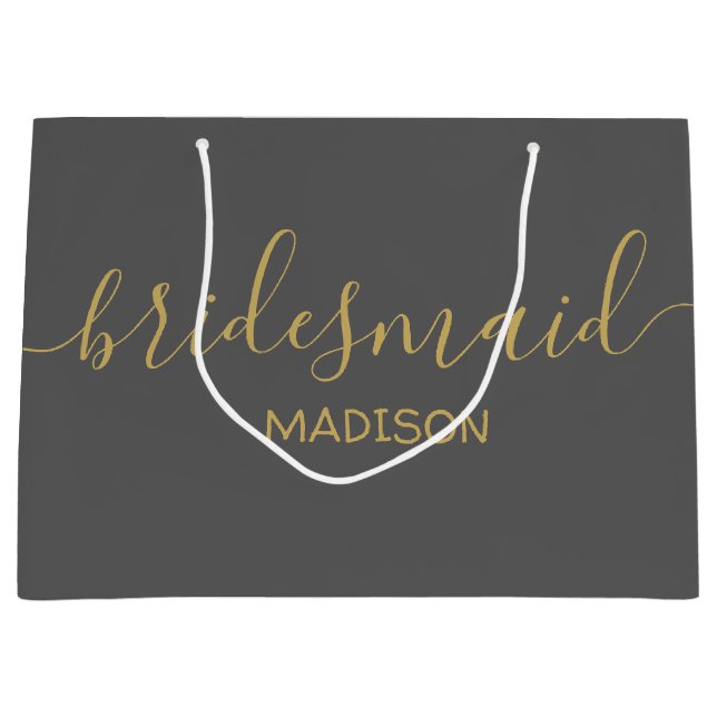 Custom Bridesmaid Name Girly Chic Gold Script Grau Große Geschenktüte (Vorderseite)