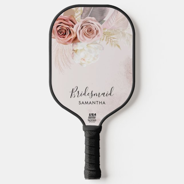 Custom Bridesmaid Script Terracotta Floral Pickleball Schläger (Vorderseite)