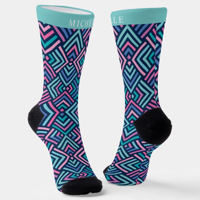 Custom Bright Light Dark Blue Pink Geometric Socken (Gewinkelt)