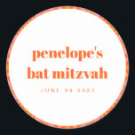 Custom Bright Orange Retro Typografie Bat Mitzvah Runder Aufkleber<br><div class="desc">Custom Bright Orange Retro Typografie Bat Mitzvah Name Classic Round Aufkleber</div>