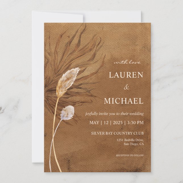 Custom Brown Papyrus and Pampas Wedding Einladung (Vorderseite)