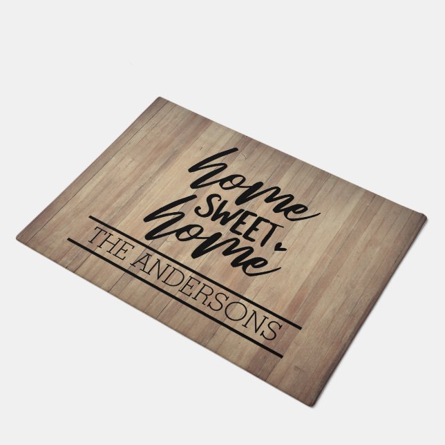 Custom Brown Wood Look | Zuhause Sweet Zuhause Fußmatte (Schrägansicht)