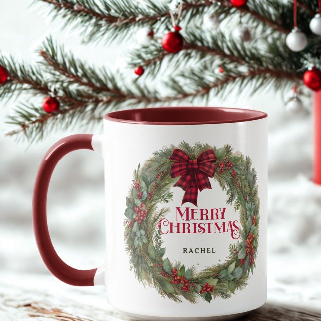Custom Buffalo Kariert Bauernhaus Weihnachtskranz Tasse (Von Creator hochgeladen)