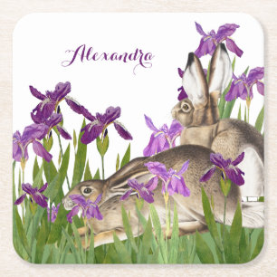 Custom Bunny Rabbit Lila Iris Floral Rechteckiger Pappuntersetzer