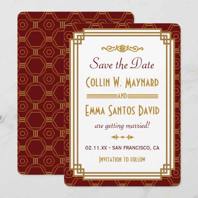 Custom Burgundy Art Deco Save the Date Einladung (Vorne/Hinten)