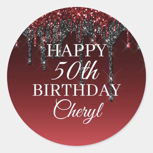 Custom Burgundy Black Glitzer Tropfen Happy Birthd Runder Aufkleber (Vorderseite)