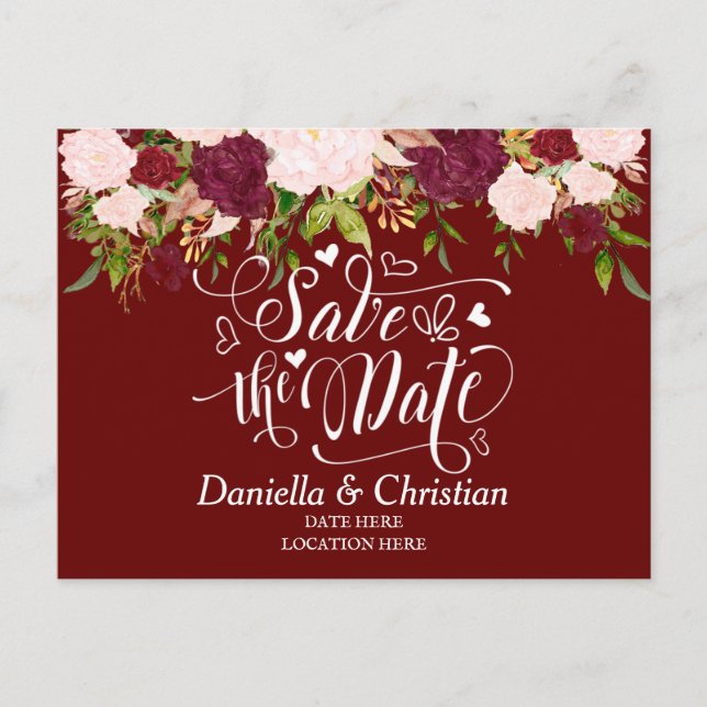 Custom Burgundy Floral Save the Date Ankündigungspostkarte (Vorderseite)