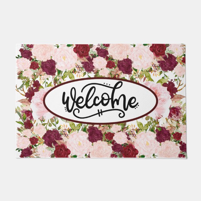 Custom Burgundy Floral Willkommen Fußmatte (Vorderseite)