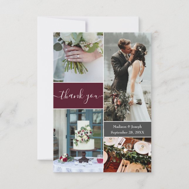 Custom Burgundy Hochzeit Foto Collage vielen Dank Dankeskarte (Vorderseite)