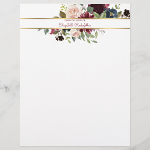Custom Burgundy Navy Gold Boho Floral Bouquet Briefbogen