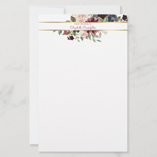 Custom Burgundy Navy Gold Boho Floral Bouquet Briefpapier (Vorderseite)