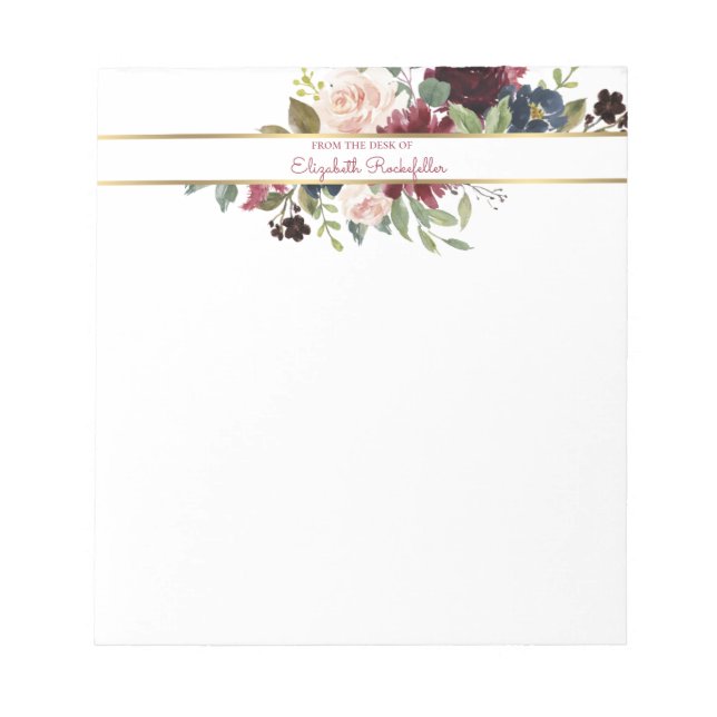 Custom Burgundy Navy Gold Boho Floral Bouquet Notizblock (Vorderseite)