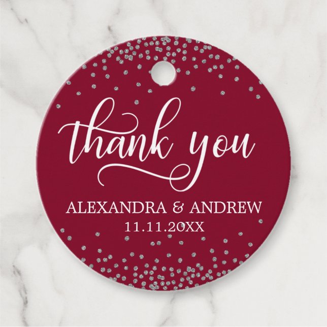 Custom Burgundy Silver Confetti Wedding Vielen Dan Geschenkanhänger (Vorderseite)