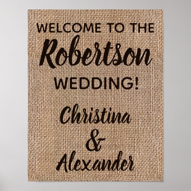 Custom Burlap Rustic Vintage Wedding Willkommensze Poster (Vorne)