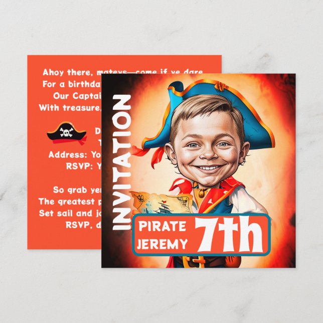 Custom Burnt Orange Pirate 7. Karikatur Einladung (Vorne/Hinten)