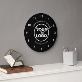 Custom Business Logo and Text Black Background Große Wanduhr