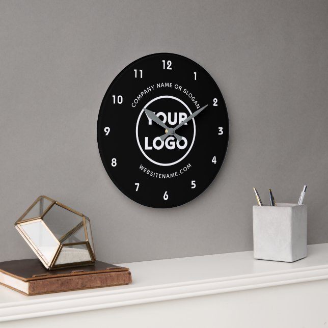 Custom Business Logo and Text Black Background Große Wanduhr (Büro)