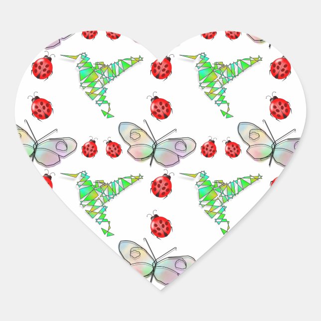 Custom Butterfly, Hummingbird und Ladybug Pattern Herz-Aufkleber (Vorderseite)