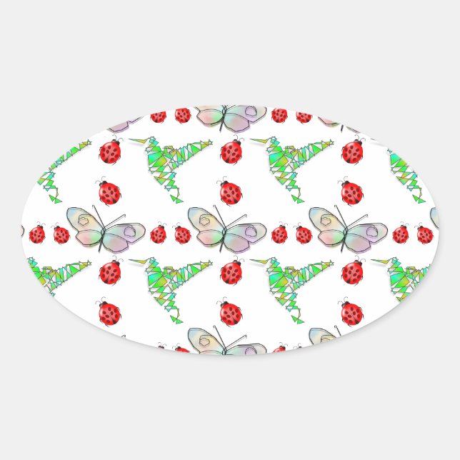 Custom Butterfly, Hummingbird und Ladybug Pattern Ovaler Aufkleber (Vorderseite)