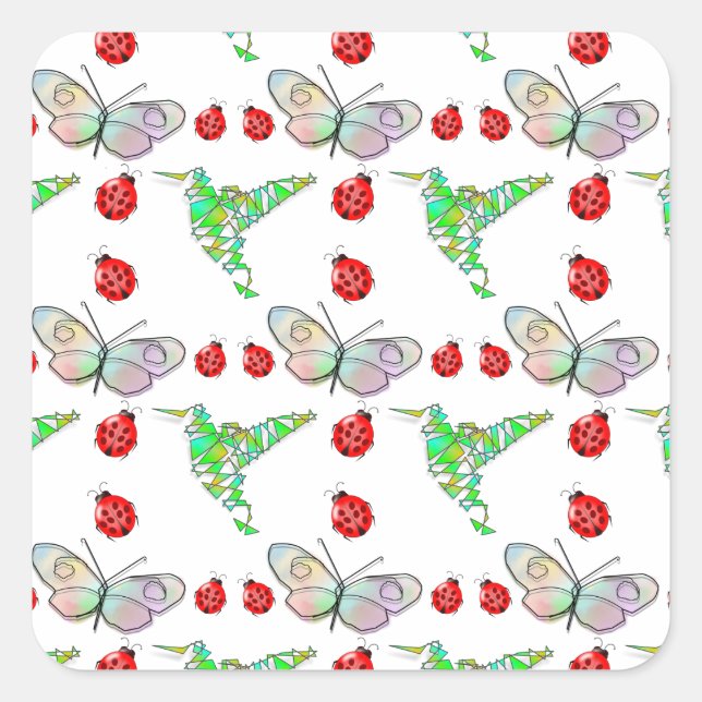 Custom Butterfly, Hummingbird und Ladybug Pattern Quadratischer Aufkleber (Vorderseite)