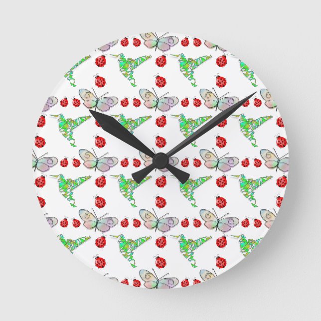 Custom Butterfly, Hummingbird und Ladybug Pattern Runde Wanduhr (Vorderseite)