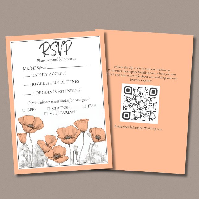 Custom California Poppy Peach Floral Wedding RSVP Karte (Custom California Poppies Floral Wedding RSVP Card in Peach Fuzz with QR code for wedding website.)