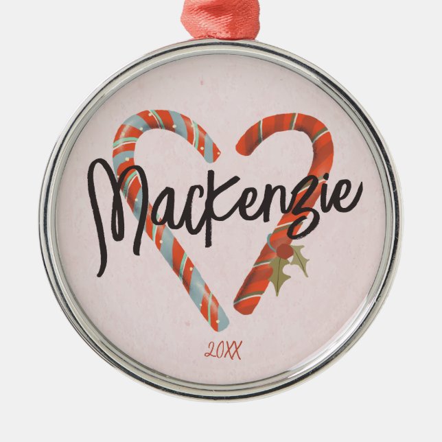 Custom Candy Cane Herzname Weihnachten Ornament Aus Metall (Vorne)