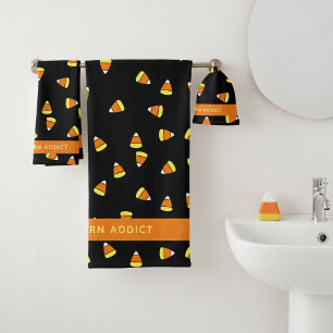 Custom Candy Corn Addict Black Halloween Leckereie Badhandtuch Set
