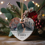 Custom Capeymoon Foto Keramik Ornament<br><div class="desc">Gedenken Sie Ihre Flitterwochen oder einen besonderen Urlaub mit diesem eleganten Ornament mit einem Foto auf beiden Seiten. Personalisieren Sie Ihre eigene Beschriftung mit zwei Textzeilen, die auf jeder Seite in schwarzer Schrift auf einem weißen Overlay dargestellt sind.</div>