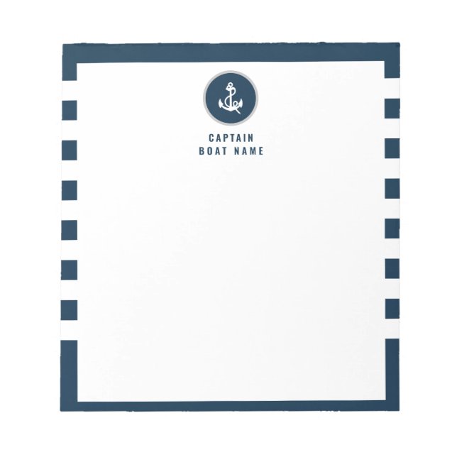 Custom Captain Boat Nautical Anchor Navy Stripes Notizblock (Vorderseite)